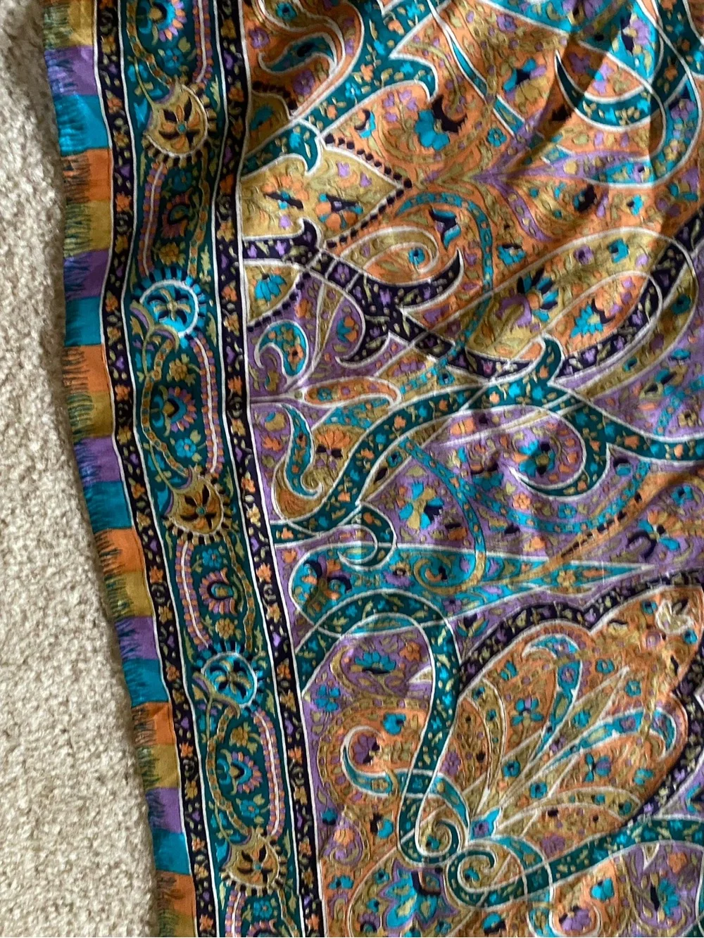 Silk Paisley Printed Scarf in Teal and‎ Gold - Women's Accessory 42x41